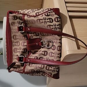 Etienne Aigner Tan & Brown Monogram Canvas Sachel w Burgundy Leather Accents
